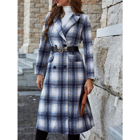 Long Blue Plaid Double Breasted Coat S, L, XL NWOT - Picture 5 of 7